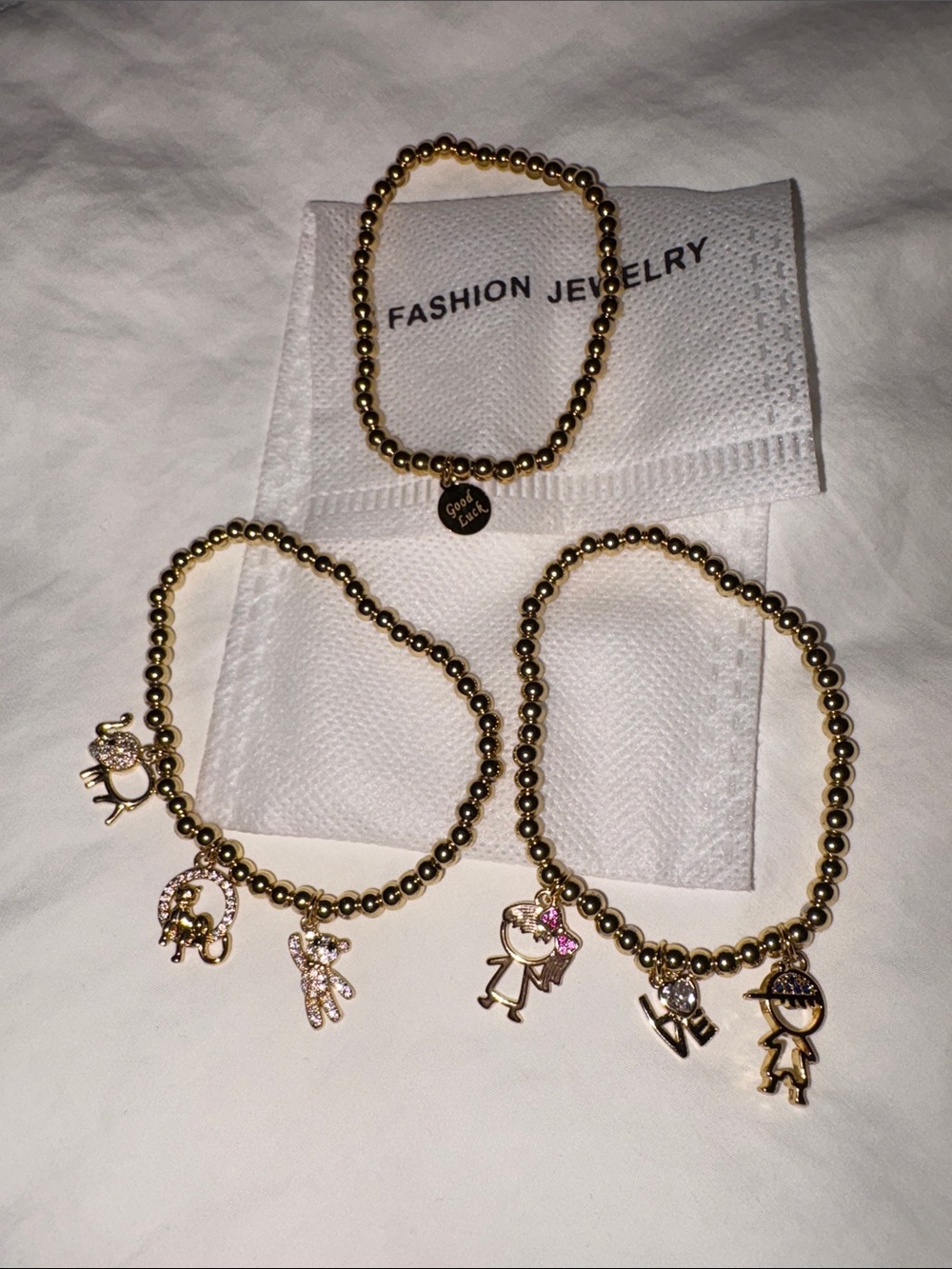 Fashion Jewelry Gold Beaded Bracelet with Girl, Boy & LOVE Charms
